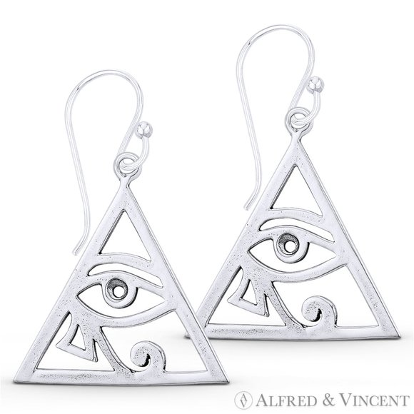 Eye of Horus Egyptian Luck Charm Dangling Hook Earrings in .925 Sterling Silver - Picture 1 of 1